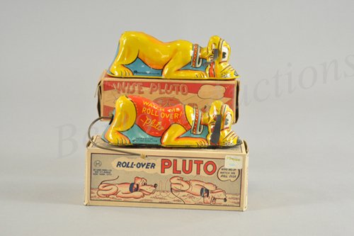 MARX ROLLOVER PLUTO AND WISE PLUTO IN ORIGINAL BO: Litho tin wind up toy, working. Copyright dated 1939 Walt Disney Productions. Same body used for both toys. One Pluto rolls over, the other is called 'wise' because he will not fall off the table. 8 3