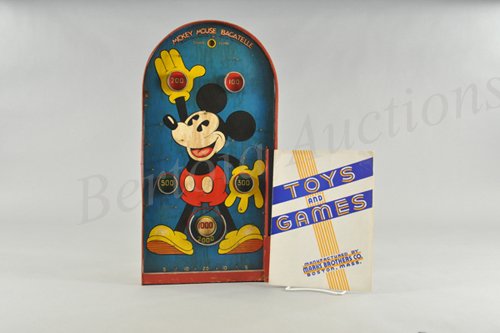 MARKS BROS. MICKEY MOUSE BAGATELLE AND ORIGINAL C: Copyright Walt Disney Enterprises. Game is being sold with an undated original Marks Bros. catalog with numerous mid-1930's Mickey Mouse games and toys illustrated but the bagatelle is not pictured in