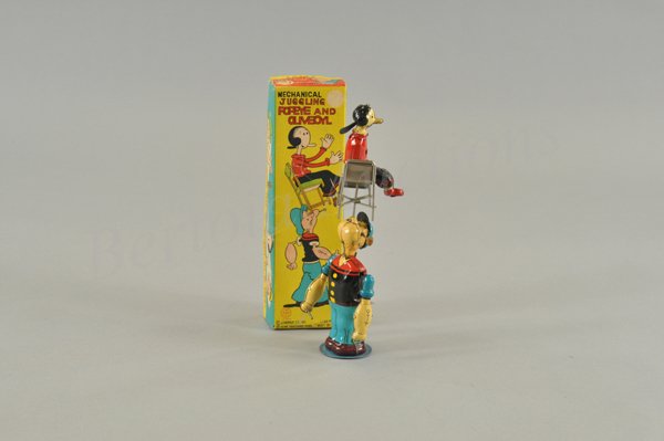 LINEMAR POPEYE JUGGLING OLIVE OYL IN CHAIR IN ORI: Litho tin wind up toy, working. Another great toy from Linemar Japan c. 1960. The action is unique and always fun to watch. 9 1/2" h.