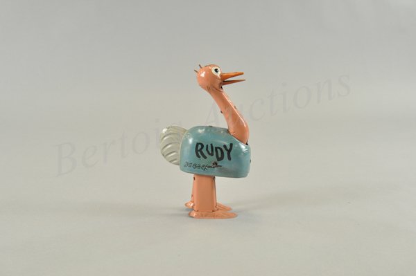 RUDY THE OSTRICH: Litho tin (with some hand painted elements) wind up toy, working. A character in the Barney Google strip that hung around the stables and ate from Sparkplug's feed bag. Made in Germany probably by H.