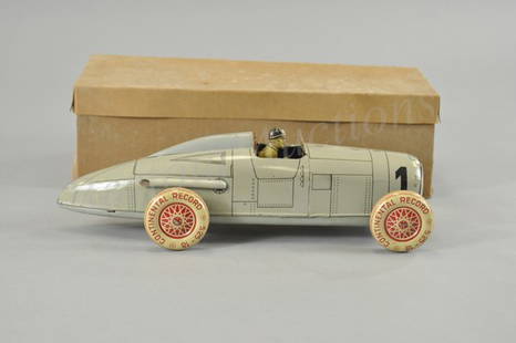 DISTLER SPORT RACER: Germany, 1930's, lithographed tin, design is based on an Auto-Union racer by Bernd Rosemeyer, lithographed tin, seated driver, clockwork driven, nice detail to rivet graphics on body. 13 1/2" l.