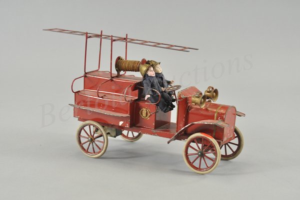 PINARD LADDER FIRE TRUCK: France, c. 1910, hand painted in red, tin plate service truck features open railed body with bench seating and ladder on supports, hose reel appears behind driver's bench seat, rubber tires, clockwork