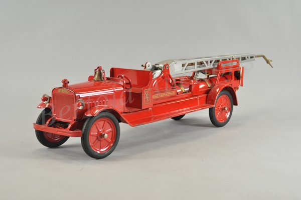 BUDDY "L" WATER TOWER WITH LIGHTS: c. 1933, hydraulic water tower truck done in red overall, silver trestle tower, fill cap on tank, low open cab and service body, rubber tires. 33" body.