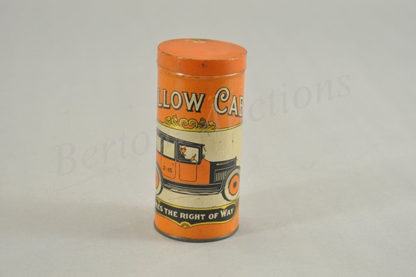 YELLOW CAB CIGAR TIN: Tall circular tin, American Can Co., done in lithographed tin, bright orange, great full graphic image of Yellow Cab with driver and passenger. 2 1/2" d x 5 1/2" h.