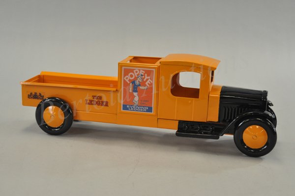 STRUCTO 'EVENING LEDGER' POPEYE AD TRUCK: c. 1931, pressed steel, scarce example has been fully restored, original color scheme and label type have been used like the original, well detailed. 21 1/2" l.