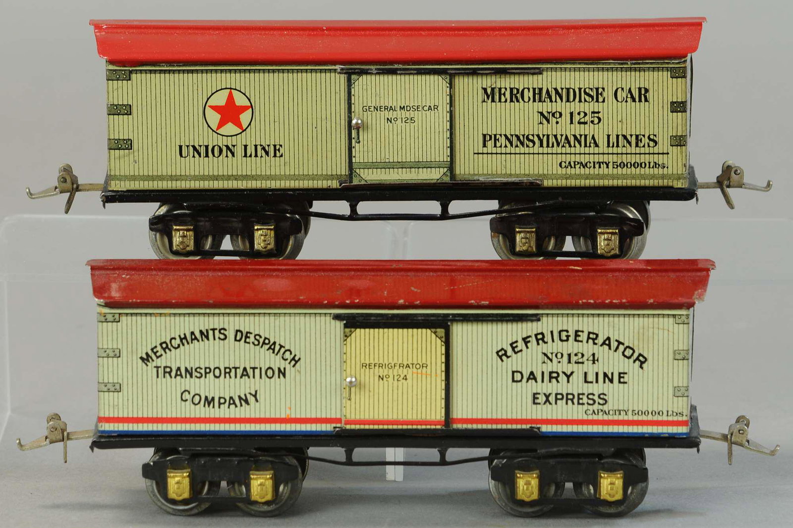 IVES REFRIGERATOR CARS: 13. IVES REFRIGERATOR CARS | 0 Gauge, litho. 9" l. | One roof is repainted, otherwise in All Original Condition. | $200 - $400