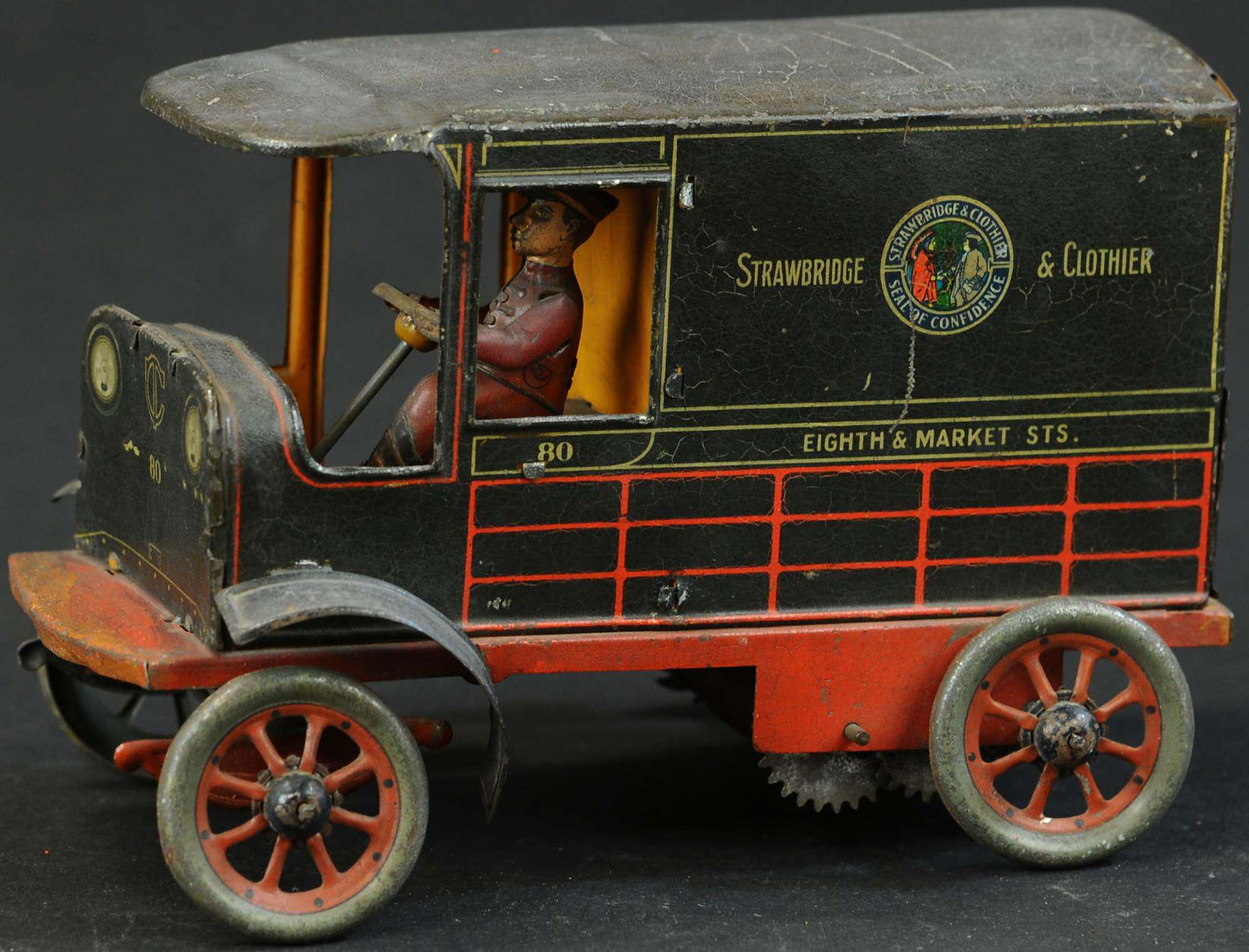 HANS EBERL STRAWBRIDGE CLOTHIER VAN: 1056. HANS EBERL STRAWBRIDGE CLOTHIER VAN | c. 1920's, familiar German auto was an early promotional toy for popular Philadelphia department store. Provenance: The Schroeder Collection. | 8" l. | Will
