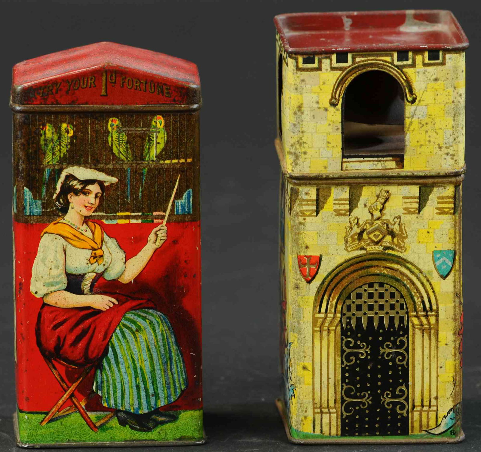 TWO UNUSUAL BUILDING BISCUIT TINS (1 of 3)