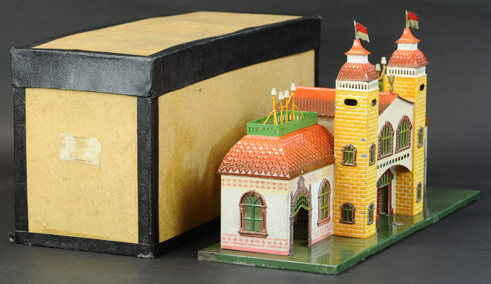 BOXED BING TWO TOWER STATION: 1549. BOXED BING TWO TOWER STATION | Hand painted. | 11" h. | Provenance: Paul Cole Collection. | (Pristine Condition) | $1,500 - $2,500