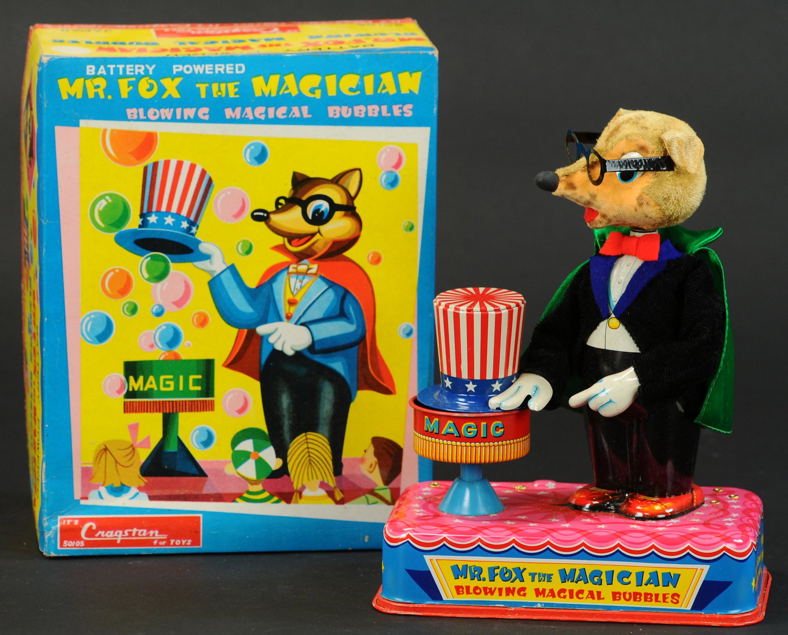 BOXED YONEZAWA MR. FOX THE MAGICIAN: 196. BOXED YONEZAWA MR. FOX THE MAGICIAN | Battery operated, turns head while lifting magicians hat and pointing wand with other hand. | 9" h. | (Pristine - Near Mint Cond.) | $200 - $400