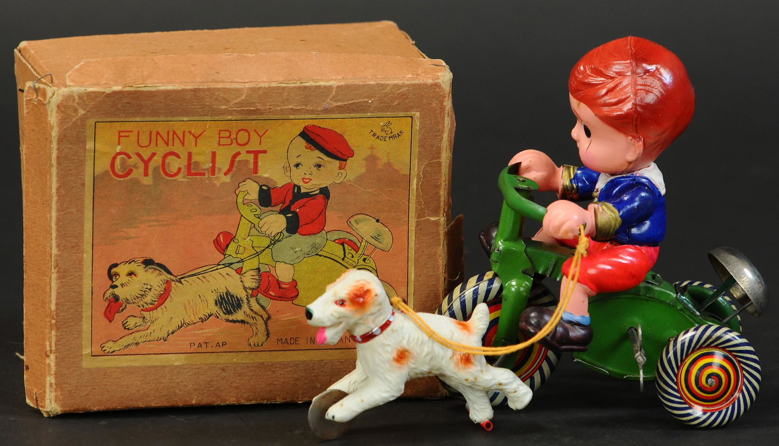 BOXED PRE-WAR JAPAN FUNNY BOY CYCLIST (1 of 4)