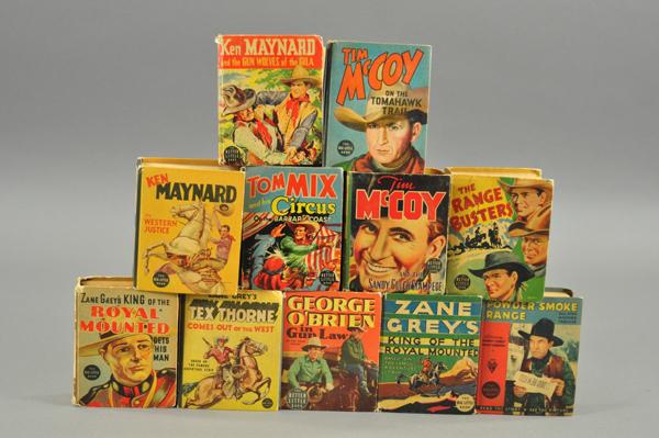GROUPING OF WESTERN BIG LITTLE BOOKS: Includes eleven assorted titles with Zane Grey examples, Tom Mix, Ken Maynard, Tim McCoy and others. Western Justice is a sample book.