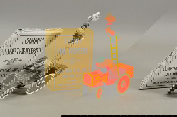 POPEYE FUNNY FIRE FIGHTERS IN ORIGINAL BOX: Louis Marx litho tin windup fire truck with ladder. Rebranded as a comic character toy with the addition of the celluloid figures of Popeye and Bluto with boxing gloves. A very desirable toy & the bes