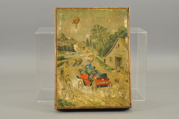 EARLY BOXED PICTURE CUBE PUZZLE: Fabulous paper on wood set portrays six different leisure scenes of well-to-do children and families; strong vibrant coloring throughout includes camel riding, automotive fun, beach scene and more. Bo