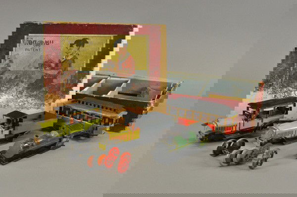 ROHU BOXED VEHICLE ASSEMBLY KIT: Germany, appears to be from the late 1920's, interesting set includes sedan, trolley, locomotive and truck, extra disc wheels and train tracks included, sedan features a clockwork mechanism. Box 12" x