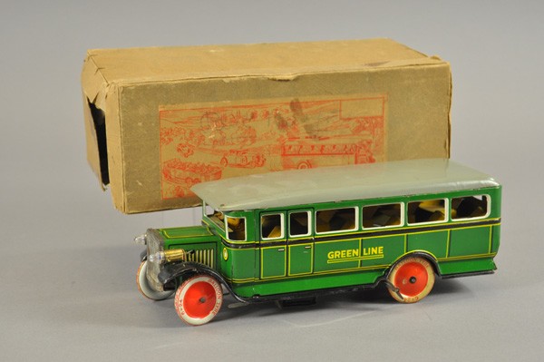 GREENLINE BUS WITH BOX: Germany, 1930's, no markings, lithographed tin, done in green body, grey roof, red disc wheels, electric lights, key-wind driven, interior bench seating with driver, made for British market, nice pape