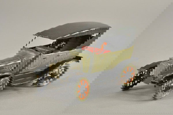 BING TOURING AUTO: Germany, c. 1920's, lithographed tin, done in grey body, black roof, seated lady driver, spoke wheels and clockwork mechanism. 6 1/2" l.