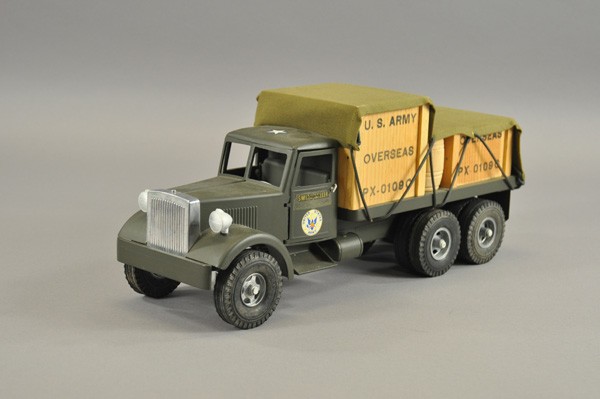 SMITH MILLER U.S. ARMY SUPPLY TRUCK: Re-issue #91 of 100 die-cast truck, painted in olive green, flat bed holds wooden crates with canvas cover, "L" Mack cab doors open. 19" l.