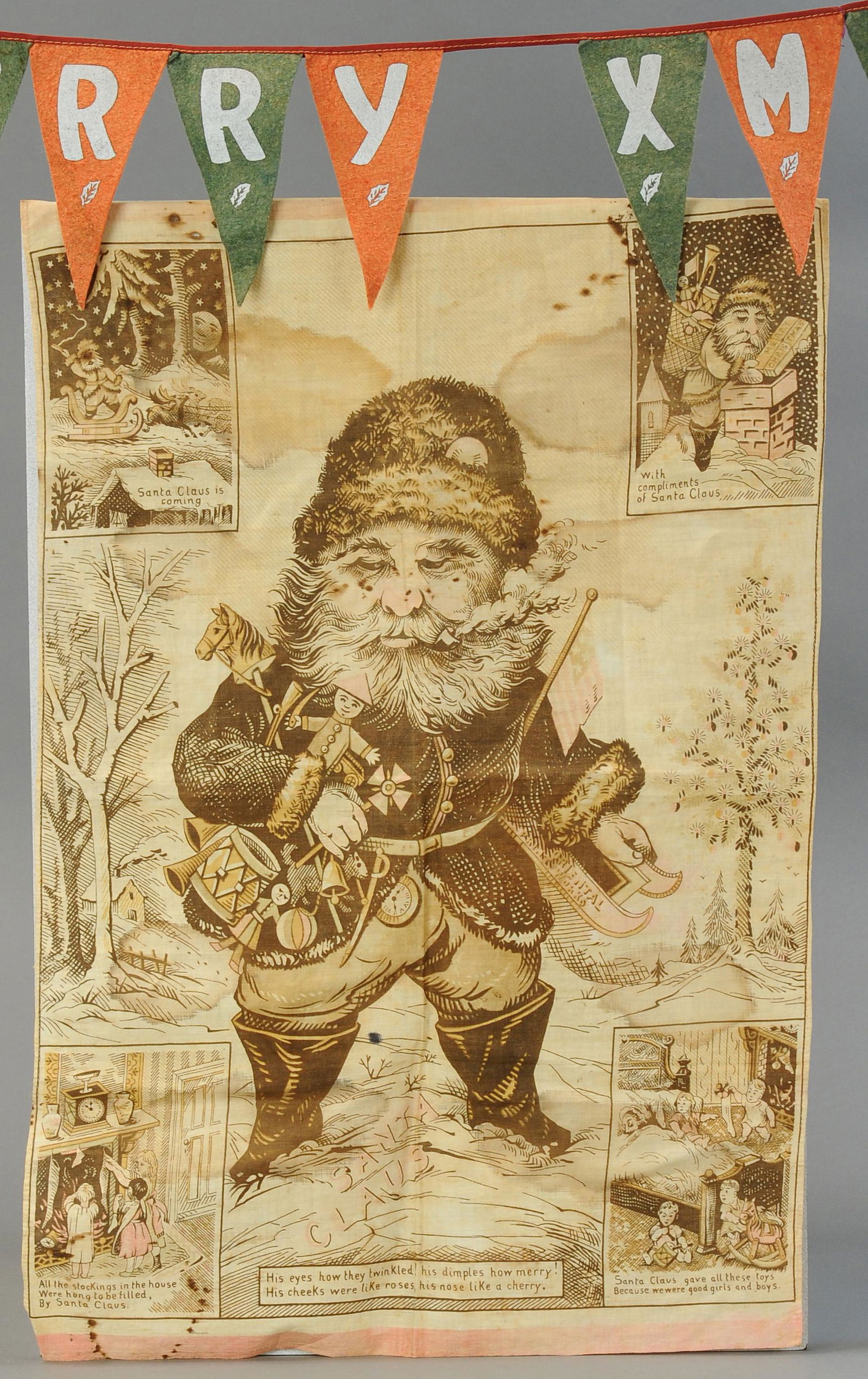 TWO ANTIQUE SANTA CLAUS TEXTILE BANNERS: 1. TWO ANTIQUE SANTA CLAUS TEXTILE BANNERS | A Thomas Nast depiction of Santa Claus printed on cloth and a felt banner. | 17" - 24" | Some toning and stains, otherwise (VG Cond.) | $200 - $400