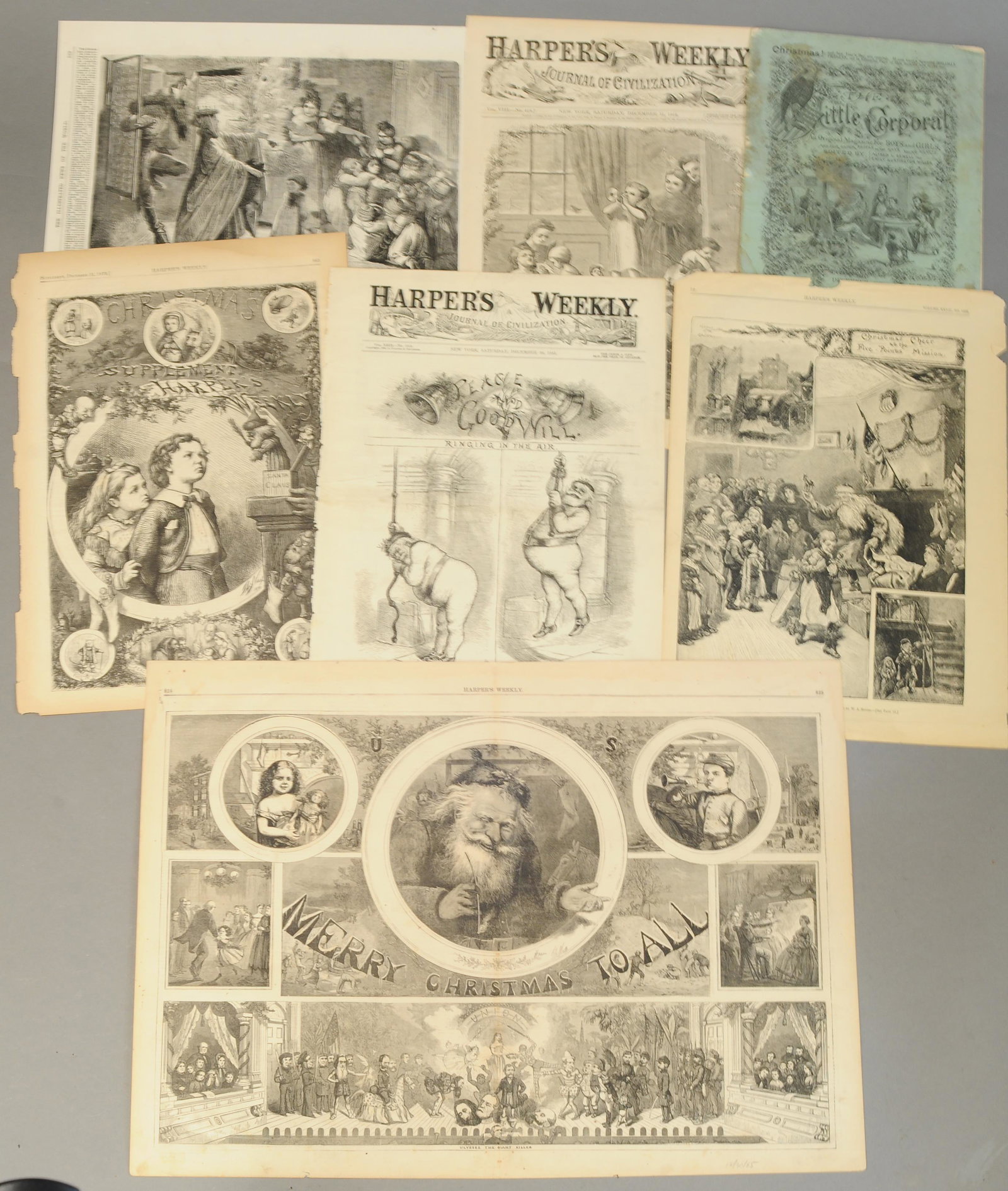 THE "LITTLE CORPORAL" & HARPERS CHRISTMAS ILLUSTRA: 261. THE "LITTLE CORPORAL" & HARPERS CHRISTMAS ILLUSTRA | A rare 1869 reference to Christmas, and Santa in the little Corporal Magazine & covers, and pages from Harpers. | 11.5" - 23" | (VG Cond.) | $