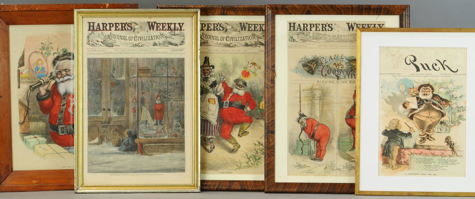 FIVE FRAMED EARLY SANTA PRINTS (1 of 4)
