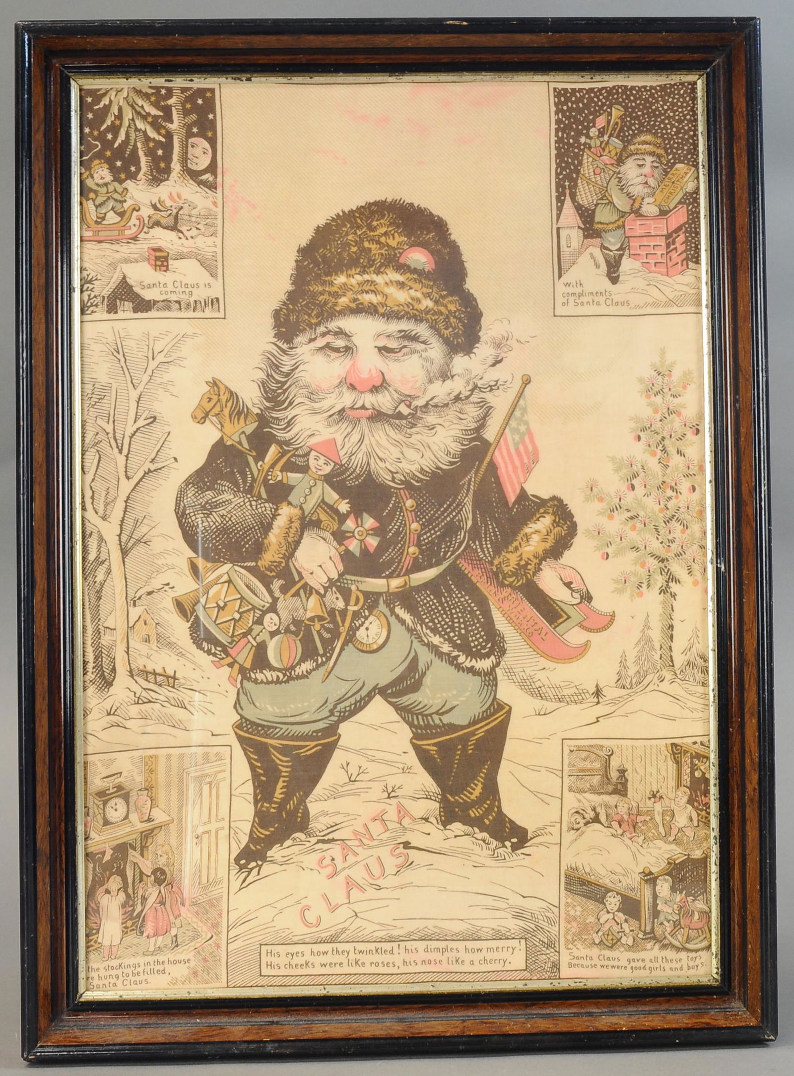 FRAMED THOMAS NAST SANTA BANNER ON CLOTH: 291. FRAMED THOMAS NAST SANTA BANNER ON CLOTH | Wonderful images of Santa Claus and children in a beautiful antique frame. | 26" | (VG-Exc. Cond.) | $200 - $400