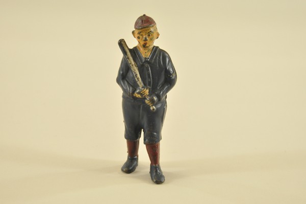 BASEBALL PLAYER STILL BANK: A.C. Williams, cast iron, wearing blue uniform w/red stockings & red hat. 5" h.