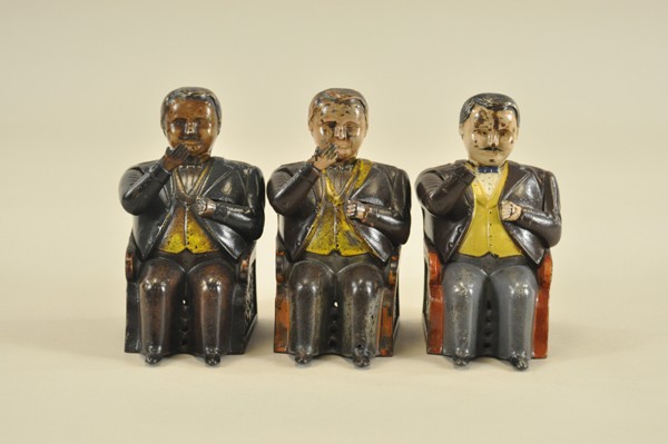 LOT OF THREE TAMMANY MECHANICAL BANKS: J & E Stevens Co., designed by John D. Hall, patented 12/23/1873. Put a coin in his hand, and see how promptly he pockets it, and how politely he bows his thanks.
