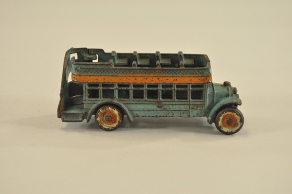 DOUBLE DECKER BUS: Kenton, cast iron, painted sky blue w/orange side stripe, rear stair platform, disc wheels. 6 1/2" l.