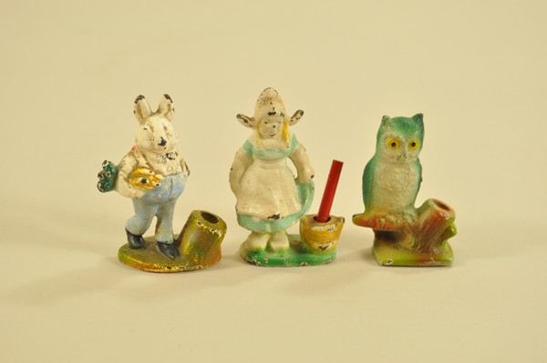 LOT OF THREE FIGURAL PENCIL HOLDERS: Lot includes: cast iron, full figure green owl, Peter Rabbit and little Dutch girl; pencil holders are on base. 2 1/4"-3 3/4".