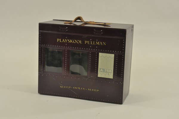 PLAYSKOOL PULLMAN TRAIN CUBICLE: Heavy tin plate, done in maroon color, front panel door opens to reveal interior train styled compartment, complete with opening interior door, curtains and furniture, also includes pillow and blanket