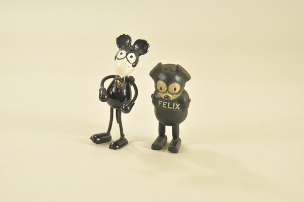 IGNATZ AND FELIX FIGURES: Lot includes a wooden Ignatz poseable figure with cord covered flexible limbs, partial label remains on chest, accompanied by a papier mâché Felix ramp walker with arms molded behind back and wooden