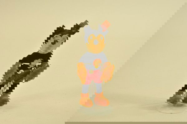 SMALL STEIFF MICKEY MOUSE DOLL: copr. Walt Disney, Germany, button and label in ear, four finger, pie-eyed early version, stamped foot, nice little piece and relatively scarce. 6 1/2" h.