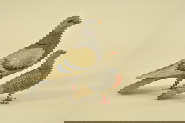 LOT OF TWO PIGEON CANDY CONTAINERS: Both composition with lead feet and painted eyes, very realistic in form and coloring with iridescent purple chest on larger bird, crisp feather detailing. 4 1/4"-6 7/8" h.