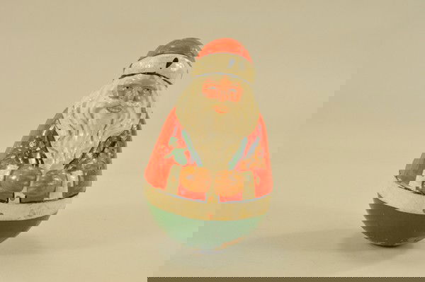 SCHOENHUT SANTA ROLY POLY: One in a series of graduated sizes made by Schoenhut, nicely molded features, painted pony and doll in hands. 9" h.