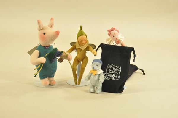 LOT OF FOUR R. JOHN WRIGHT ITEMS: Lot consists of a "Piglet" with purple flowers, two miniature "Bitty Bears" (blue & pink) and a rare early figure, possibly from 1979-80 called "Perriwinkle." Piglet and bears have tags & certificates
