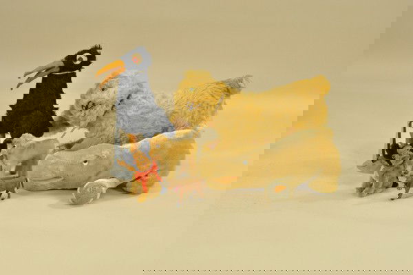 LOT OF SIX ANIMAL FIGURES: Lot consists of a 1950's Steiff hippo (damage to two feet), swivel neck glass eyed mohair dog, free standing plush covered crow with jointed legs, small Steiff cow, mohair bulldog with swivel neck, gl