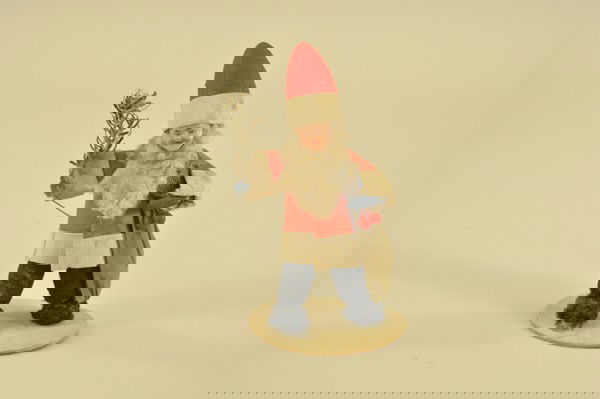 LITTLE BOY SANTA COTTON & CREPE PAPER FIGURE: Little boy face in crepe paper Santa Claus suit, holding feather tree sprig and bag for toys, cotton beard and pressed cotton boots. 5 3/4" t.