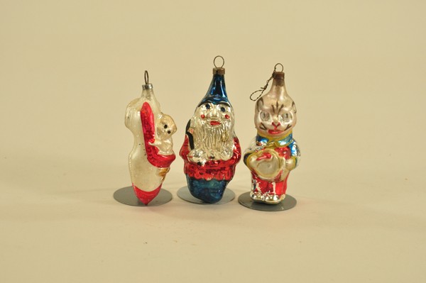 THREE GLASS ORNAMENTS: Germany, all hand painted in bright colors, includes cat sleeping in shoe, cat playing drum and gnome with ax. 3 1/4"-4".