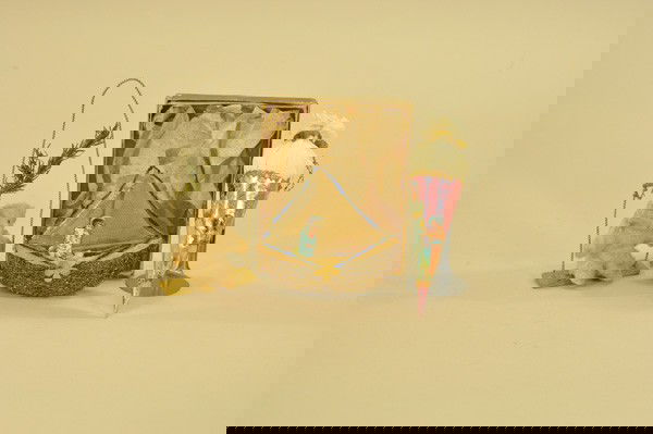 ASSORTED CHRISTMAS TREE ORNAMENTS: Sailboat has wire wrapped hull, canvas sail, chenille trim and scrap paper boy passenger; cornucopia is sand weighted with scrap paper decor and teddy bear sits on swing with sprig attached. 4"-6".