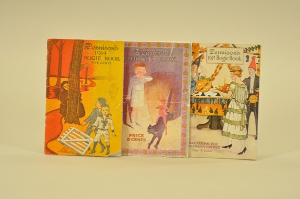 THREE EARLY DENNISON BOGIE BOOKLETS: Fantastic decoration catalogs, splendid graphics throughout, filled with party and decorating ideas, these booklets give great insight to early Halloween culture in the U.S.A., 32 pages each. 7 3/4"-5