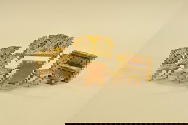 BLISS PAPER LITHO ALPHABET FURNITURE: Comprising five lithographed paper on wood chairs, sofa, piano, bench and checkerboard table, all but table have letters worked into the overall design. 1" - 3-1/4" t.