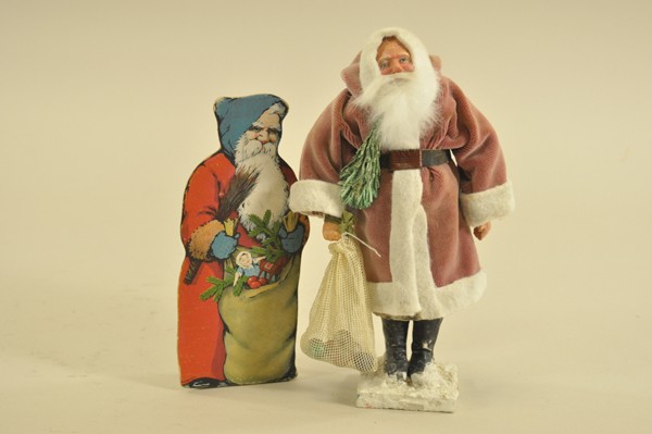 LOT OF TWO SANTA CANDY CONTAINERS: Includes one pre-war Santa with attached flap on rear and post-war example with sack of balls and separates at upper waist 9-1/4" -7-1/4" t.