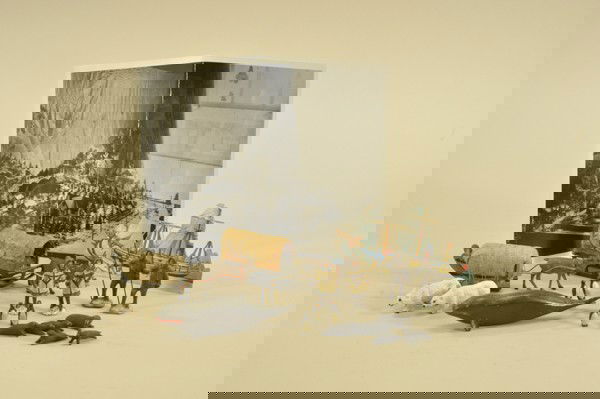 EARLY HAND CARVED CHRISTMAS VILLAGE FIGURES: Grouping consists of many hand carved figures that were originally done for an early train village set; created by John Newman born in 1874, they have great folk art appeal and include penguins, seals