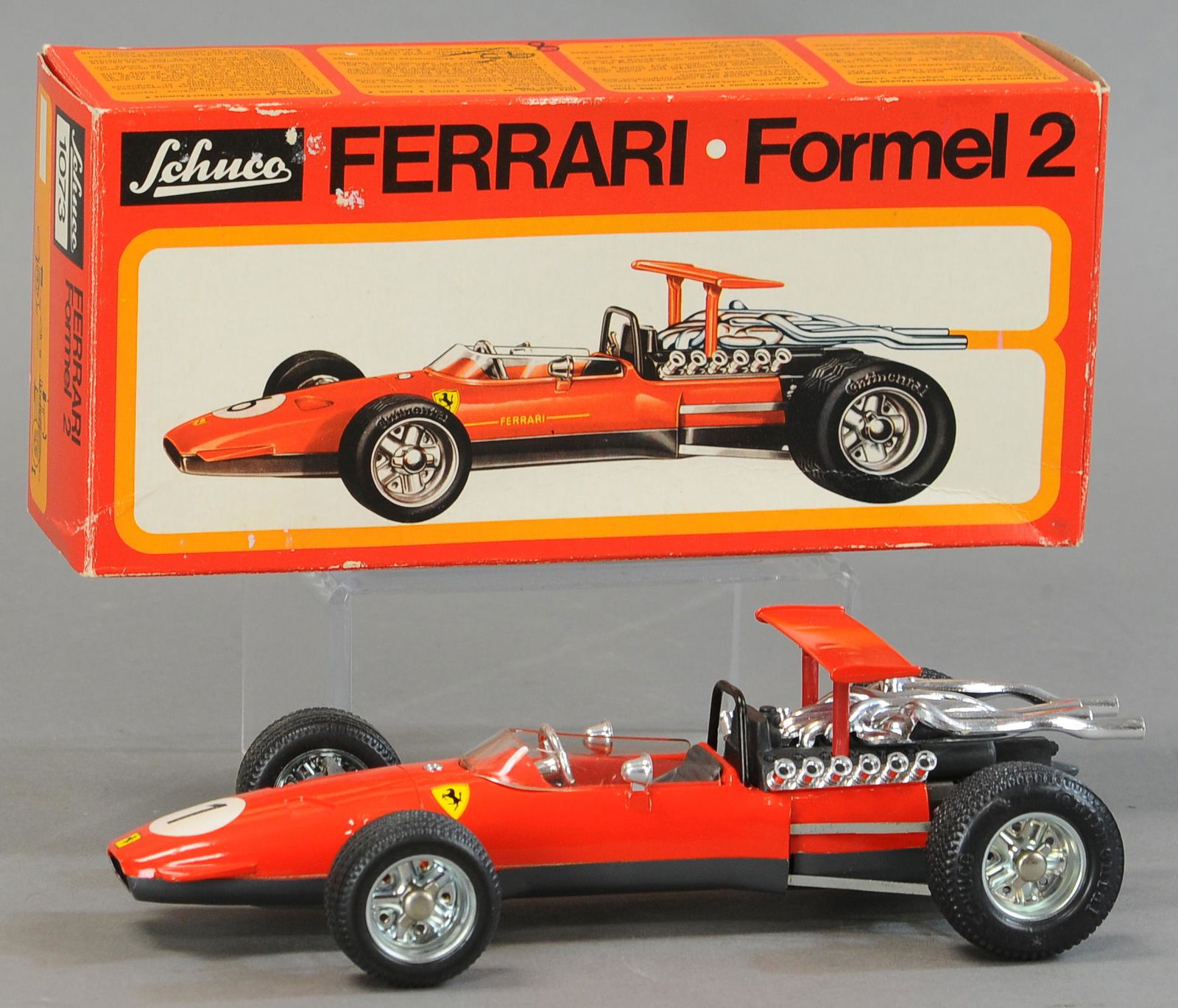 BOXED SCHUCO FERRARI FORMEL 2: 85. BOXED SCHUCO FERRARI FORMEL 2 | 9.5" l. | All Original Condition. | $75 - $150