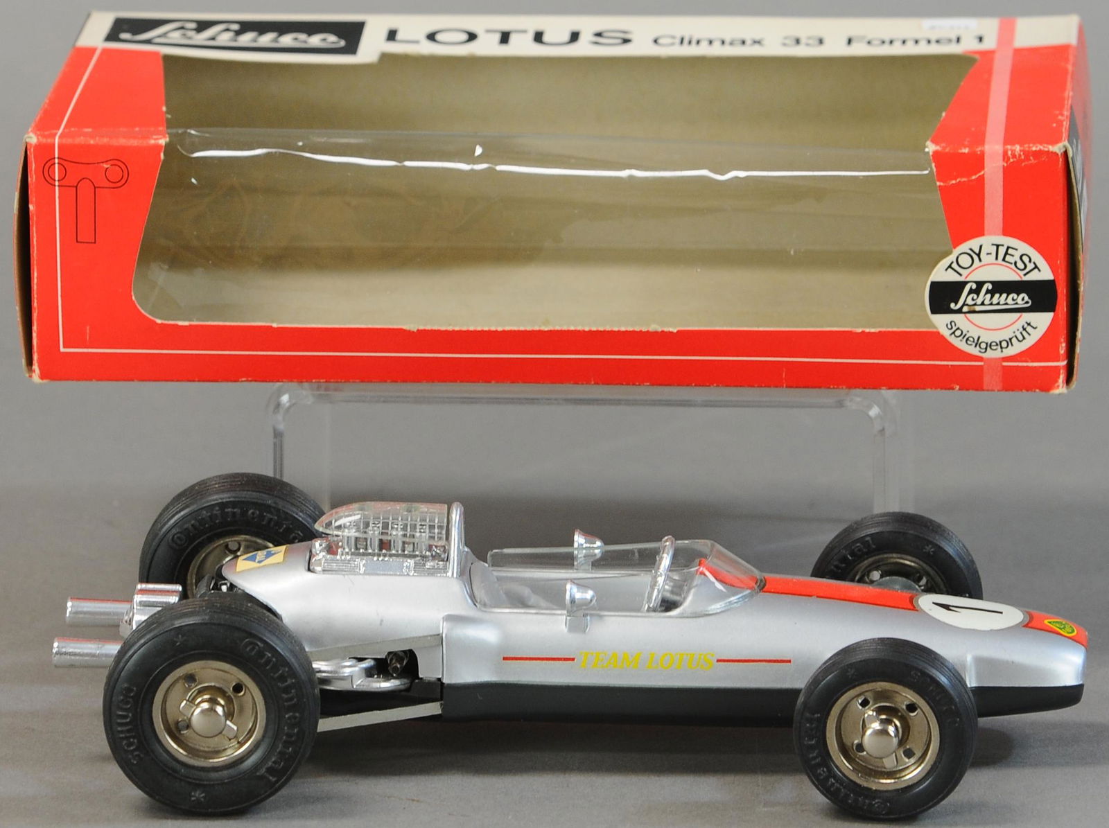 BOXED SCHUCO LOTUS CLIMAX 33 FORMULA 1: 86. BOXED SCHUCO LOTUS CLIMAX 33 FORMULA 1 | 8" l. | All Original Condition. | $75 - $150