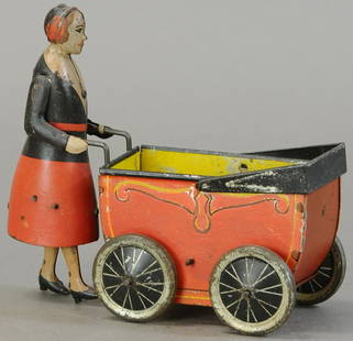 BURNETT LTD WOMAN PUSHING PRAM: 188. BURNETT LTD WOMAN PUSHING PRAM | 6" l. | Some inpainting to carriage, otherwise inAll Original Condition. | $300 - $600