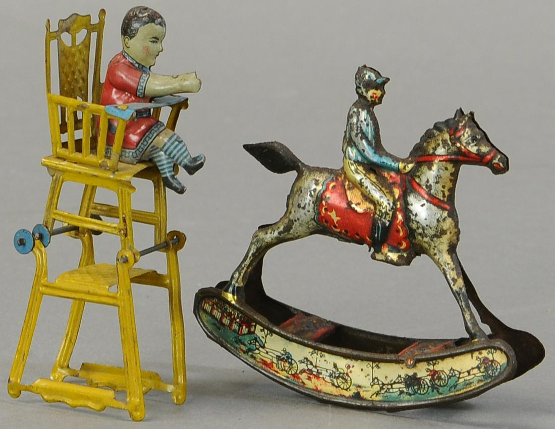 MEIER ROCKING HORSE JOCKEY & CHILD IN HIGH CHAIR: 220. MEIER ROCKING HORSE JOCKEY & CHILD IN HIGH CHAIR | 3.5" - 4" h. | Highchair is missing child's tray, otherwise both in All Original Condition. | $100 - $200