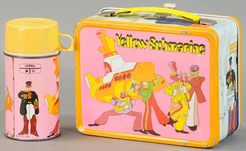 BEATLES YELLOW SUBMARINE LUNCHBOX & THERMOS: 341. BEATLES YELLOW SUBMARINE LUNCHBOX & THERMOS | 1968 King-Seely, features Peter Max art work. | 7" h. x 9" w. | Some paint oxidation to thermos & box, (Exc. Cond.) | $200 - $400