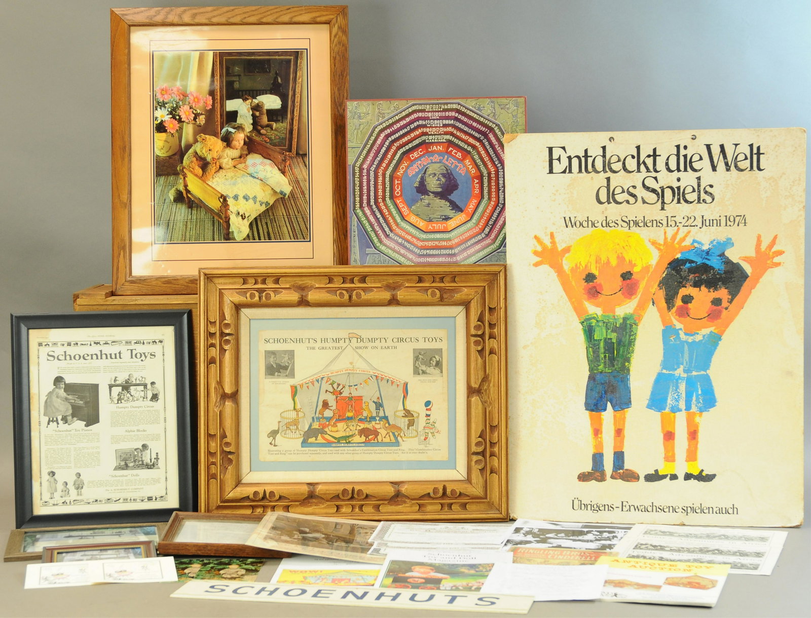 SCHOENHUT THEMED ADVERTISEMENTS/EPHERMA: 475. SCHOENHUT THEMED ADVERTISEMENTS/EPHERMA | 6" - 29" l. | All Original Condition. | $100 - $300